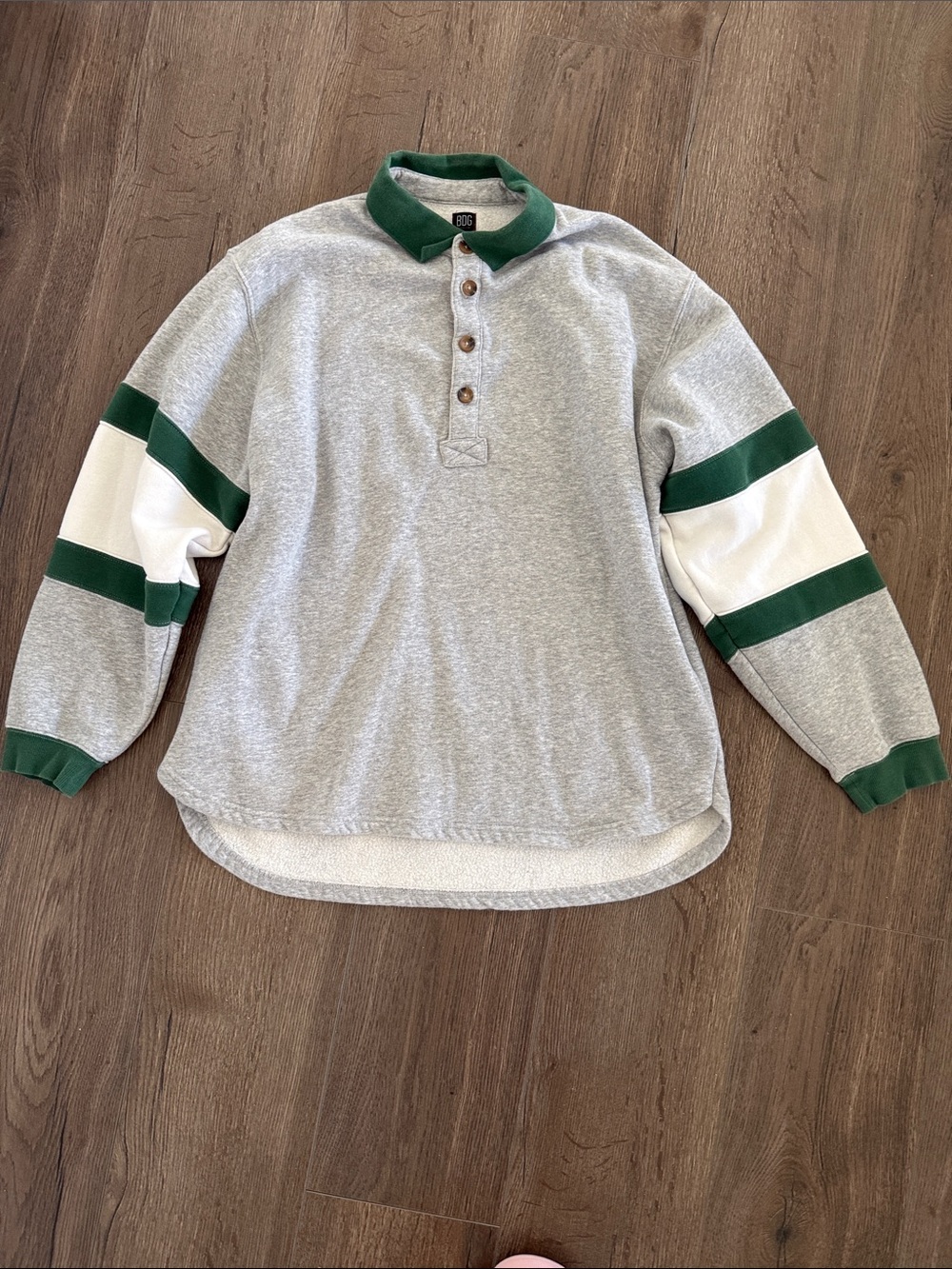 BDG Light Gray Rugby Crewneck with Green Collar and Sleeve Stripes